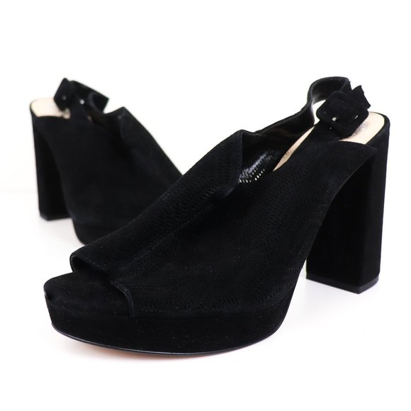 Vince Camuto Jenseya Perforated Peep Toe Wedge Heels Black Suede Leather 10 - Picture 3 of 10